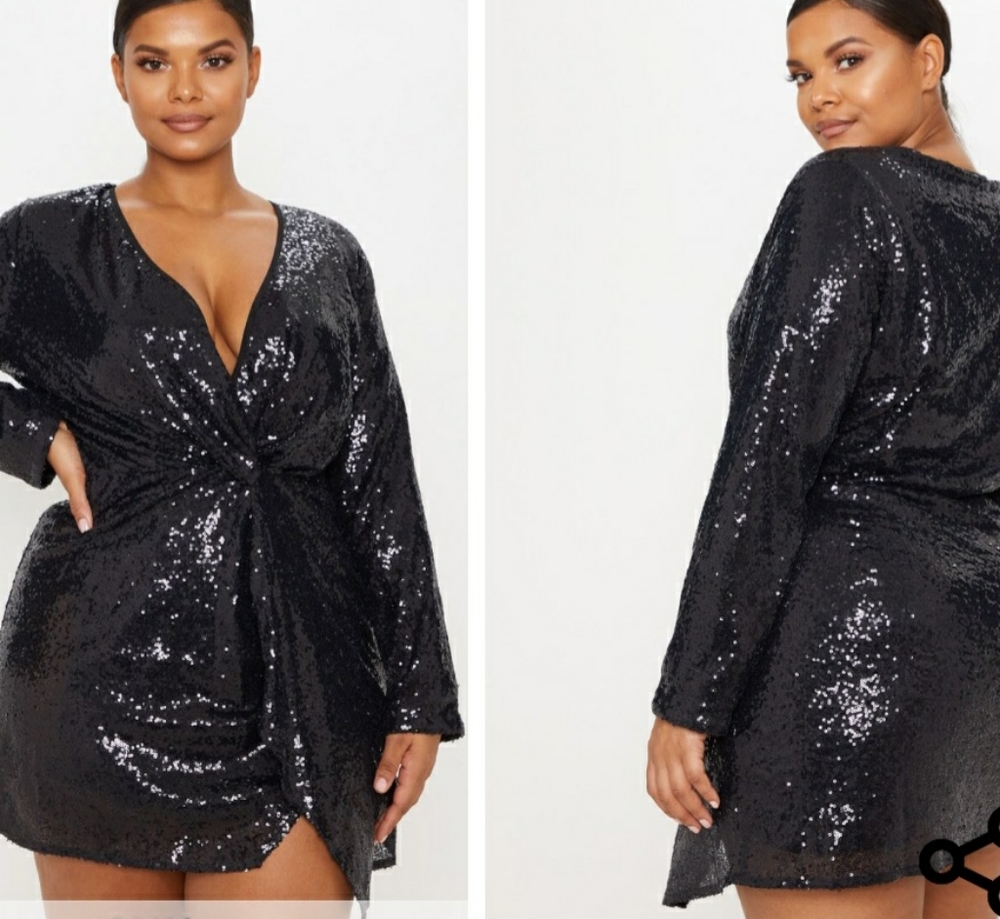 Plus black sequin twist front dress